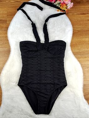 BECCA Black One-Piece Halter Neck Swimsuit Eyelet Lace Crochet Size Large